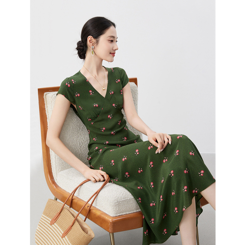 Women's Silk Dress 2026 Summer New French Tea Break Dress Silk Printed V-Neck Elegant Waist-Cinching Long Dress