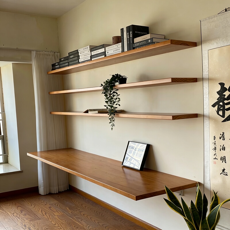 Nordic Solid Wood Wall-Mounted Floating Shelf Bookshelf Desk Living Room Bedroom Suspended Table Wall Storage Rack Long Desk
