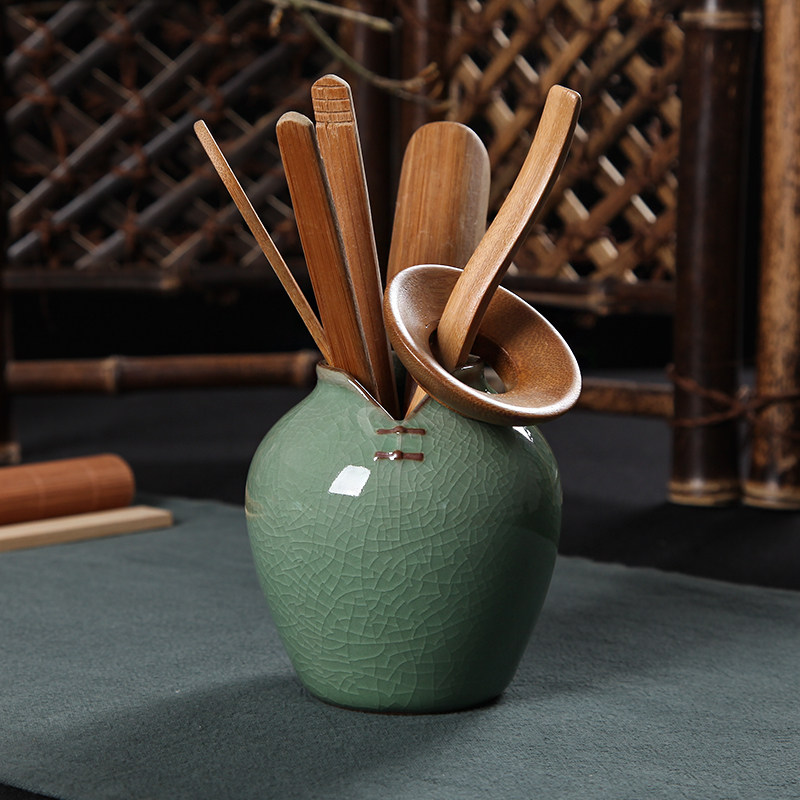 Green Porcelain Kung Fu Tea Accessories Liu Gong Tea Ceremony Tea Spoon Bamboo Clip Ceramic Spare Parts Set