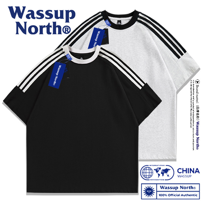 Wassup Niorth Heavyweight Pure Cotton Three-Stripe Short-Sleeve T-Shirt for Men and Women, National Trend Style, Summer Solid Color Couple Style