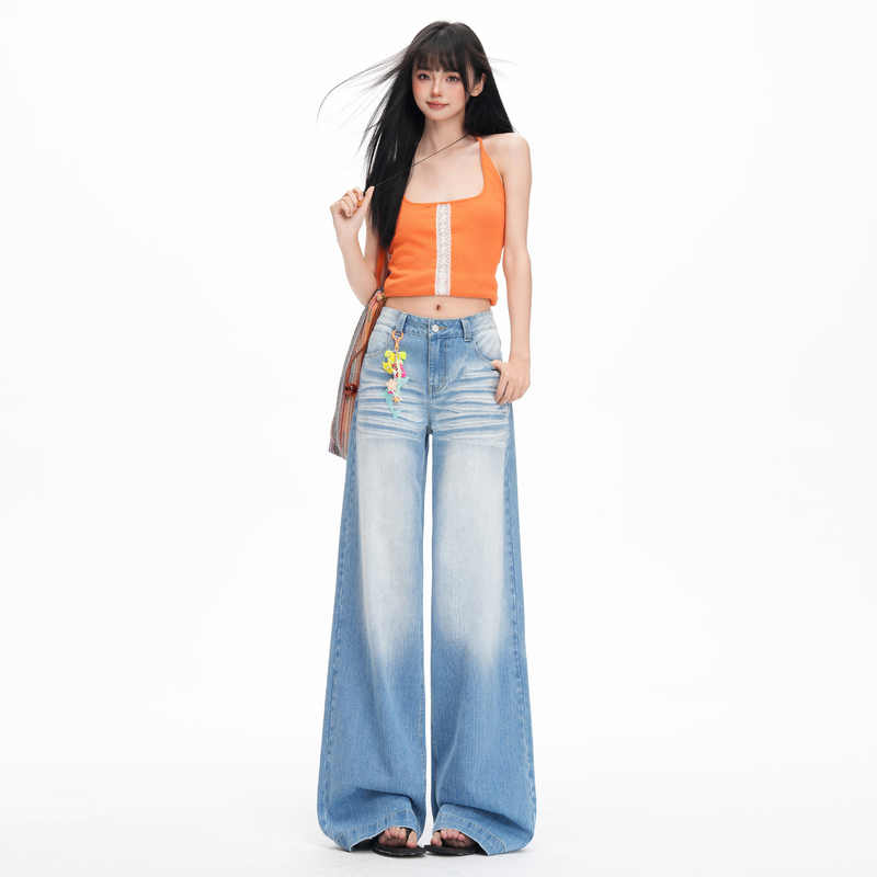 American-Style Light Blue Creased Wide-Leg Jeans for Women 2026 New High-Waisted Slimming Bamboo Texture Drapey Floor-Length Straight Pants