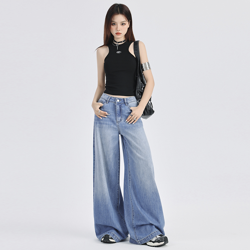 Washed Blue A-Line Wide-Leg Jeans for Women, Summer 2026 New Style, High-Waisted, Loose, Slimming, Relaxed Fit, Flowy Pants ins