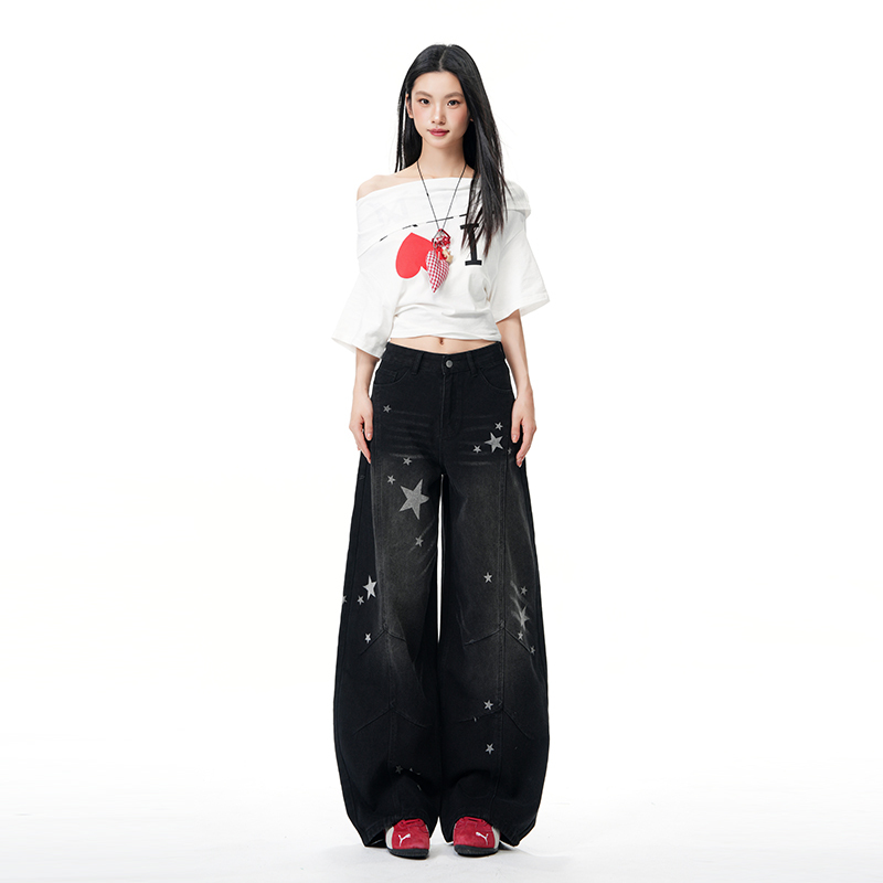 American Retro Star Print Scimitar Jeans for Women 2026 Summer New High-Waisted Loose Banana Wide-Leg Pants