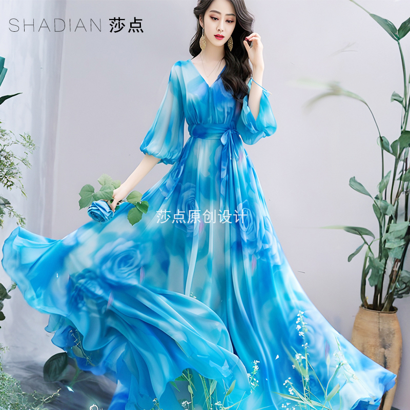 High-End Resort Dress, New Chiffon Printed Long Skirt, Slimming and Elegant, Flowing and Sweeping Skirt, Seaside Beach Skirt
