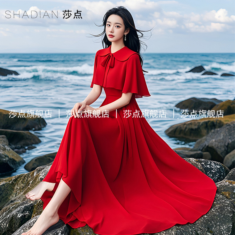 Red Doll Collar Dress for Women, Summer Short-Sleeve, Elegant Long Dress for Seaside Vacation, Beach Dress, Mature and Stylish Style Red Doll Collar Dress for Women, Summer Short-Sleeve, Elegant Long Dress for Seaside Vacation, Beach Dress, Mature and Stylish Style