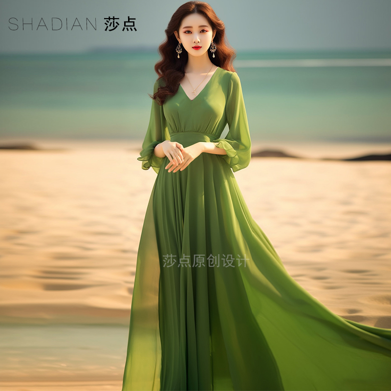 Summer Green Dress for Women, New Chiffon Long Skirt, Over-The-Knee Flared Skirt, Fresh and Beautiful Seaside Vacation Beach Dress