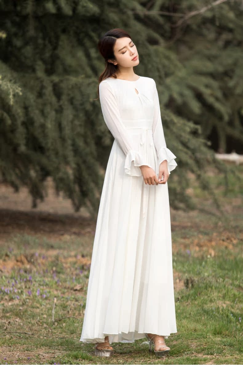Shake Point Summer New Women Dress Cổ áo một mảnh Lady váy dài tay áo xù voan lớn swing váy - Sản phẩm HOT váy đầm đẹp