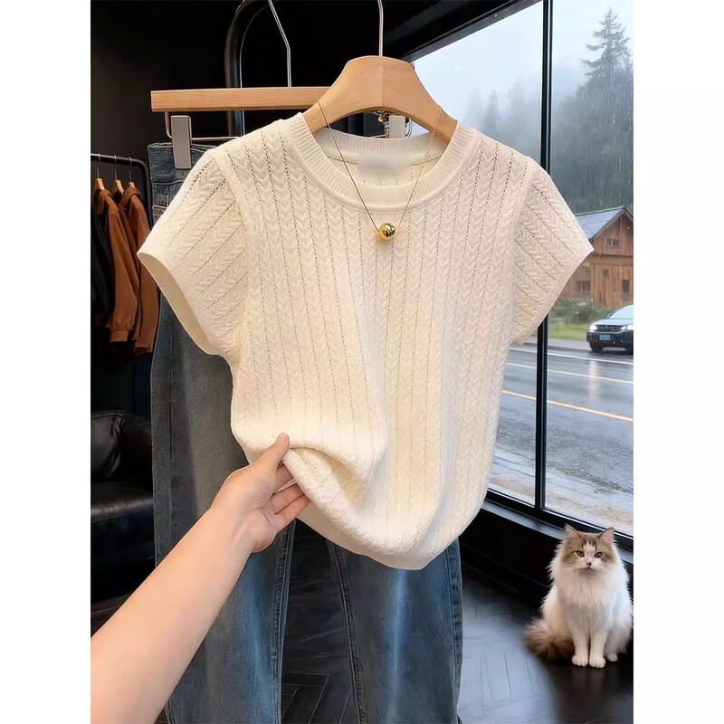 French-Style Hollow-Out Ice Silk Knitted Short-Sleeve T-Shirt for Women, 2026 Summer New Style, Elegant Niche Design Top, Trendy