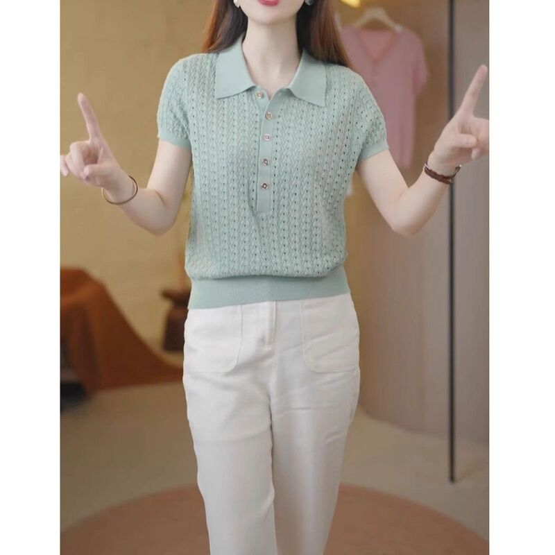 Ice Silk Thin Short-Sleeved Knit Top 2026 New Polo Collar T-Shirt for Women, Summer Fashion, Age-Reducing Hollow-Out Top