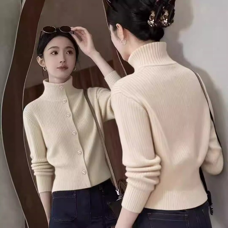 French-Style Fashionable Half-Turtleneck Knit Top for Women, New Spring and Autumn Collection, High-End Elegant Cardigan Sweater, Stylish Blouse