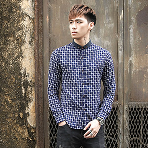 桀度春季新款时尚格子衬衫男长袖修身韩版休闲男士衬衣青年免烫潮