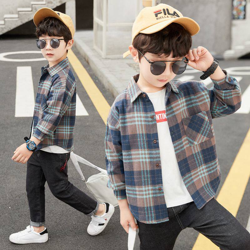 Boys' shirts thin section children's 6 long-sleeved clothes 7 spring and autumn 8 little boys 9 coats 10 casual 12-year-old plaid shirts