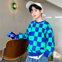 Boy Blue Sweatshirt Spring Autumn Chessboard Gridiron 6 Year Old Children 7 Boys 8 CUHK Boy 9 Handsome 10 Fried Street 12 Spring Clothing