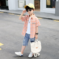  Boys  shirt short-sleeved 2021 Spring and Summer clothes 4-year-old children 5 boys 6 outer wear thin trendy 7 half-sleeved 8 plaid 9 shirt