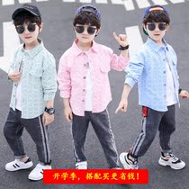 Boys  shirt spring and autumn thin pink plaid shirt 4-year-old children 5 long-sleeved 6 middle and large children 7 blue 8 autumn 9 shirt