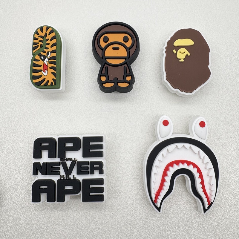 Bape X Crocs Collaboration, Zhibixing Ape Head, Shark Mouth, Tiger Print Clogs, Shoe Charms and Accessories