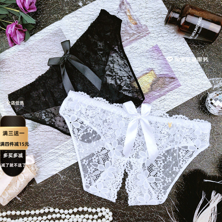 European and American lace panties women's open-file panties sex confusion passion hot hollow perspective bow free triangle T-pants