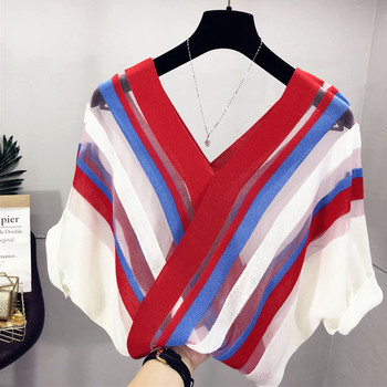 Contrast color striped V-neck bat sleeve ice silk knitted sweater women's 2021 European station new blouse loose thin top