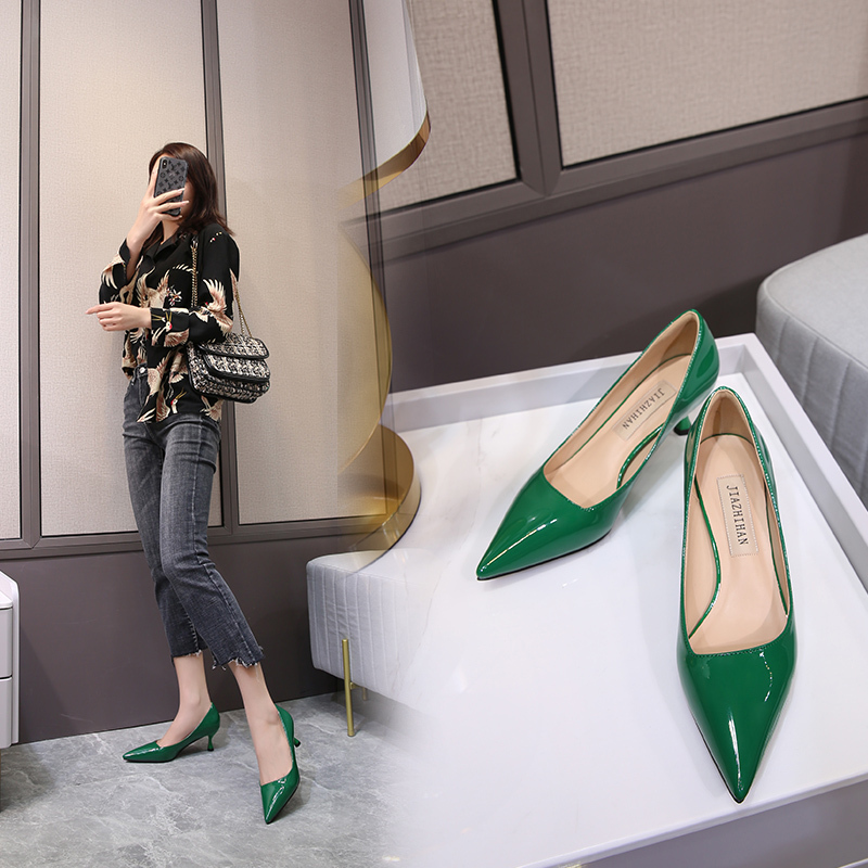 High Heels for Women, Stiletto, Pointed Toe, Medium Heel, Green Patent Leather, Fashionable Red, Elegant Women's Shoes, Small Size 32, Shallow Mouth Work Shoes