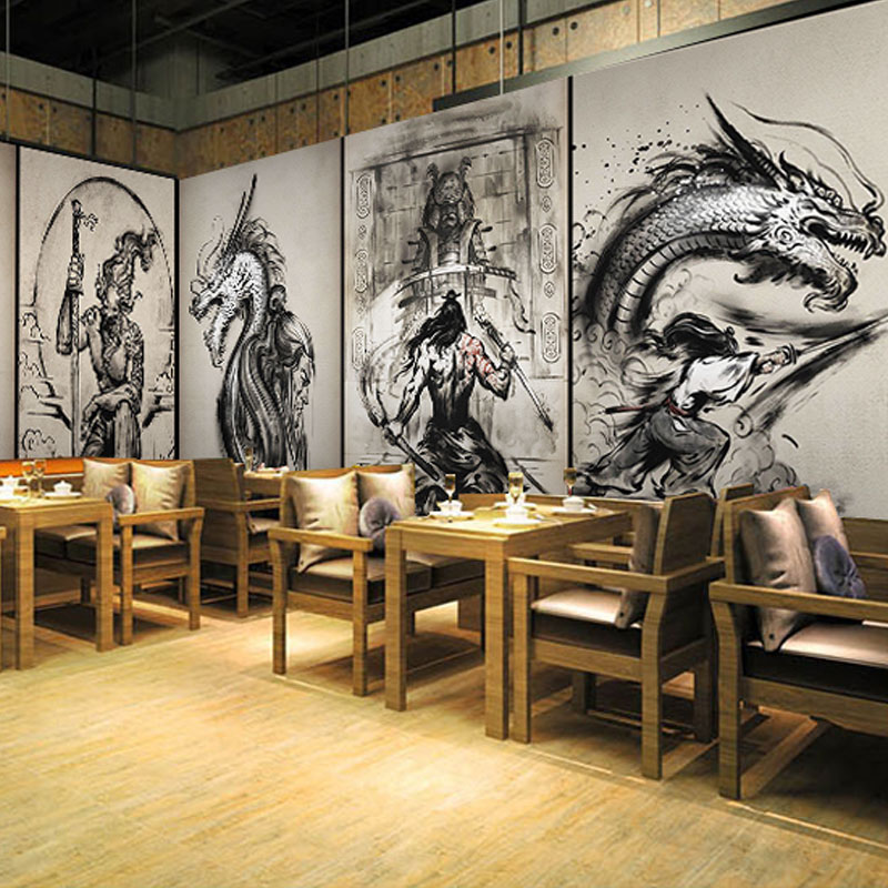 日式武士紋身店壁紙個性般若手稿背景牆面裝修刺青店工作室壁紙畫