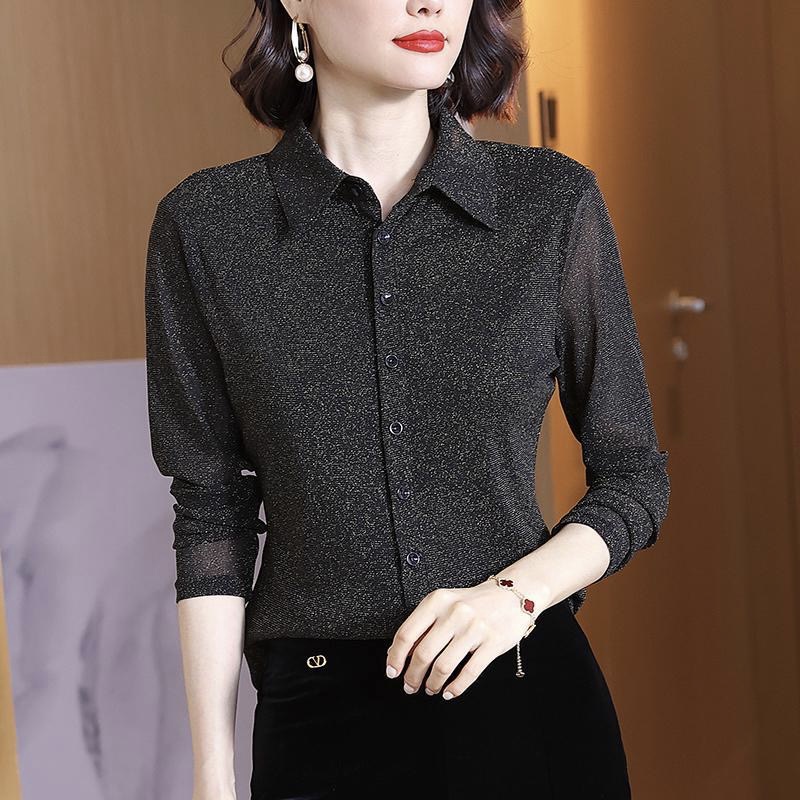 Original Export Surplus Spring and Autumn Shiny Silk Shirt for Women, Long-Sleeved, Slim-Fit, Stretchy Mesh Base Shirt