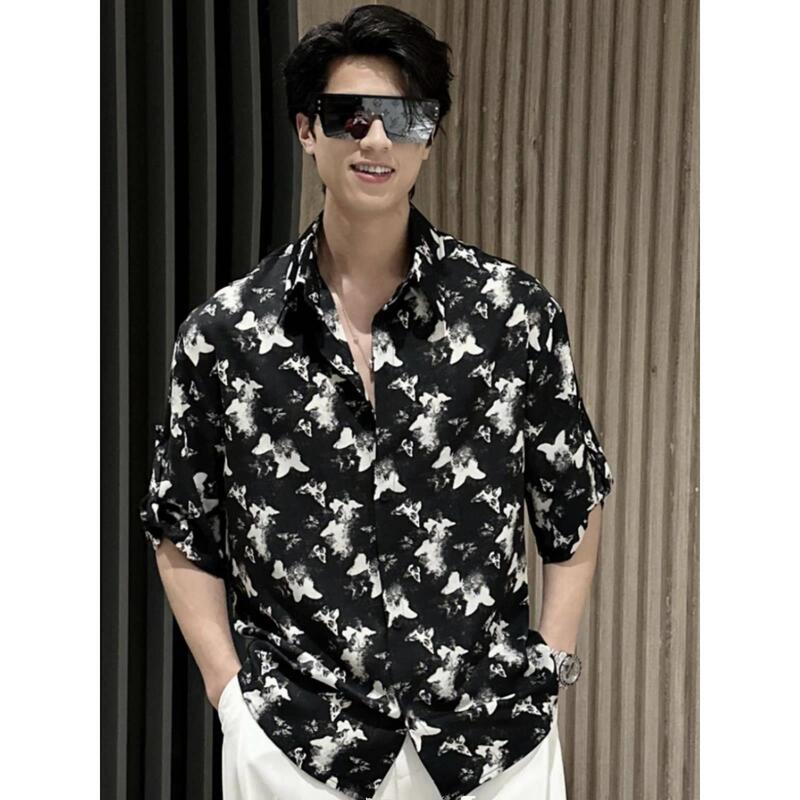 Ice Silk Floral Shirt for Men, Summer High-End Style, Cool and Handsome Butterfly Print Clothing, Men's Black Quarter-Sleeve Shirt