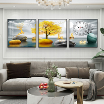 Living room decoration painting triptych silent hanging bell stone to run mural and hour hand hanging painting clock sofa Background crystal porcelain painting