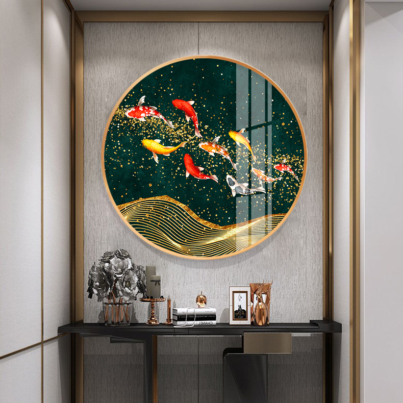 Nine fish picture green background New Chinese style round decoration painting living room hanging painting crystal porcelain painting carp Xuan guan mural dining hall