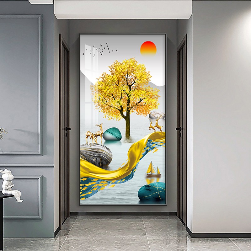 Entrance porch transfer stone decorative painting vertical version corridor aisle hanging painting modern light luxury crystal porcelain painting fortune tree mural