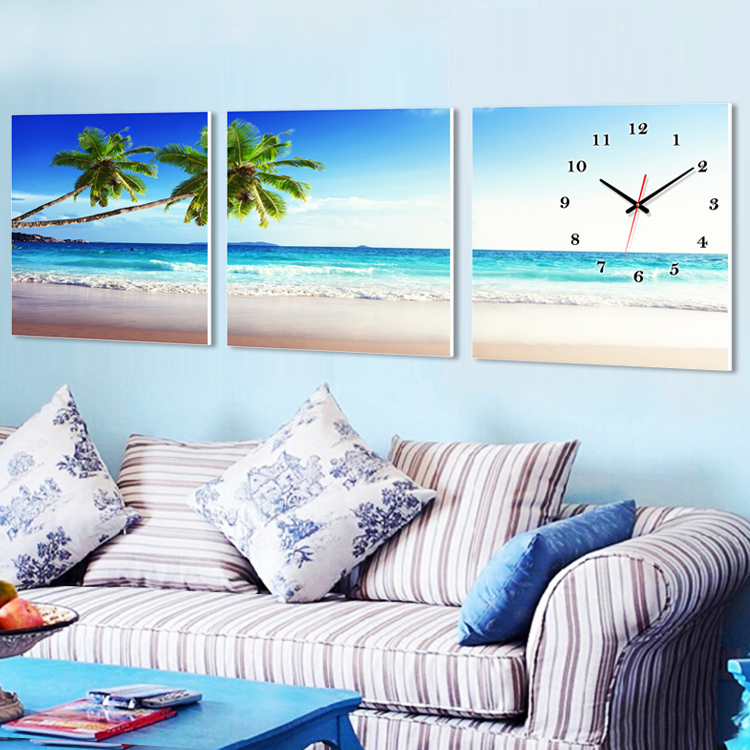 Frameless painting Wall clock triptych Bedroom bed hanging painting Living room clock painting Dining room mural Seaside landscape Crystal painting