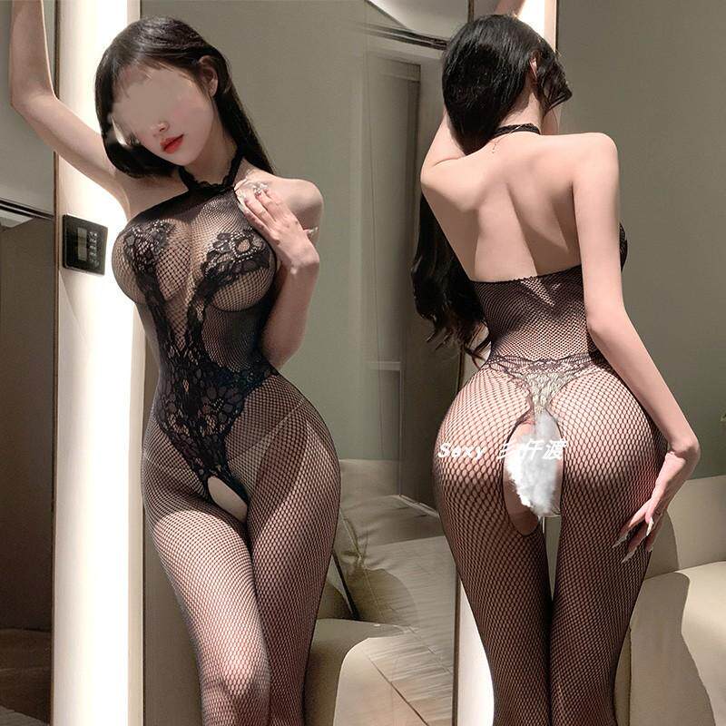 Black Fishnet Stockings with Open Crotch, Full-Body Mesh, Deep Cut, No-Take-Off Design, Hollow-Out, One-Piece Jacquard