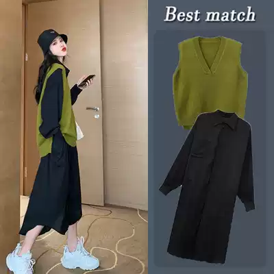 Pregnant women dress spring fashion model 2021 New Tide mother Net red long version shirt dress knitted vest two-piece