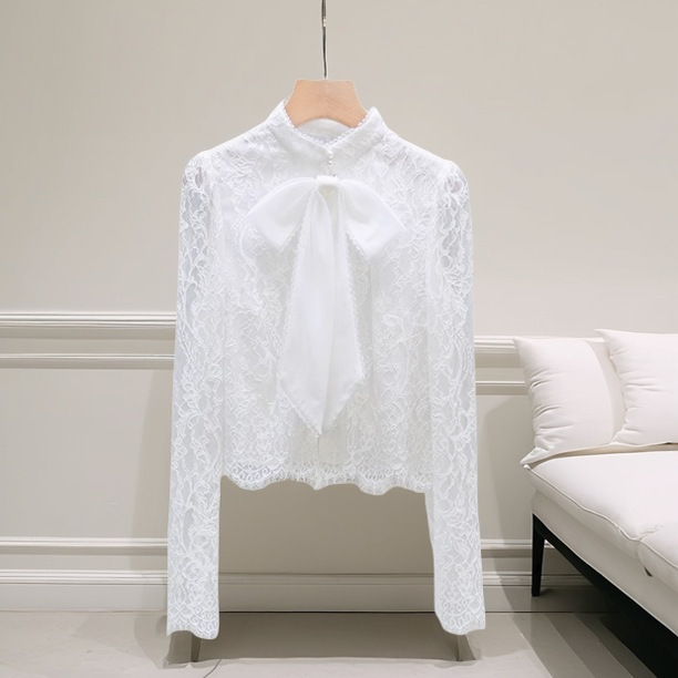 2025 Spring New Women's Lace Big Bow White Shirt Top White Blouse Lace Shirt