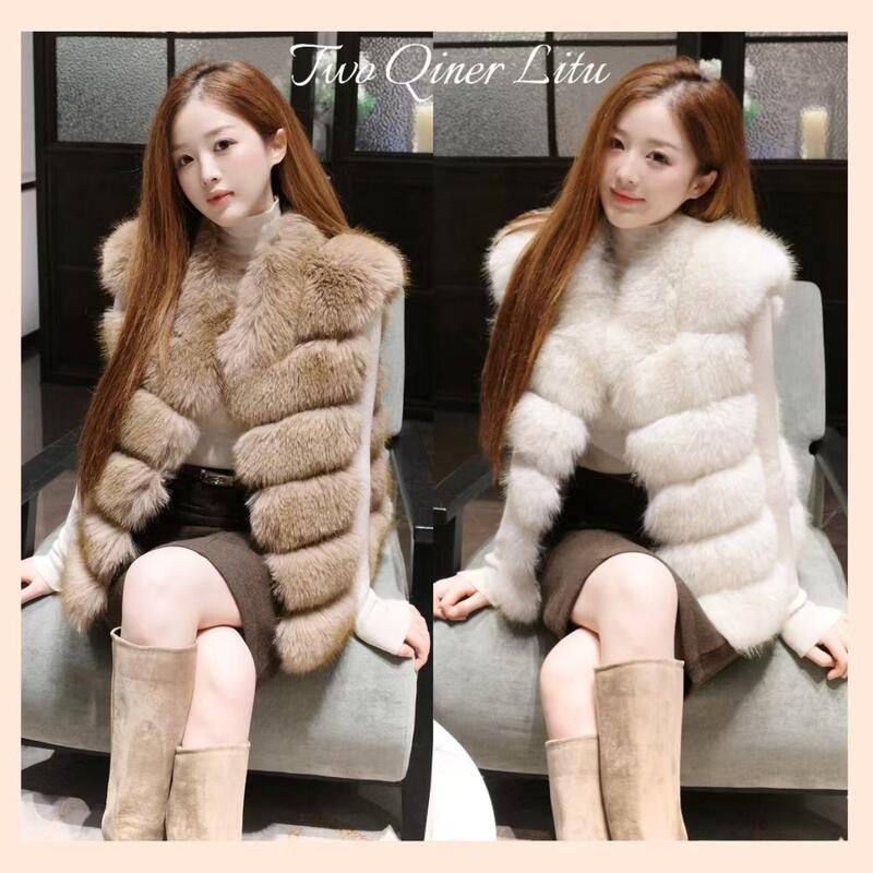 Cream Fox Luxury Eco-Friendly Fox Fur Horizontal Vest Coat for Women, High-End Socialite Style Autumn and Winter Fur Vest Top for Women Cream Fox Luxury Eco-Friendly Fox Fur Horizontal Vest Coat for Women, High-End Socialite Style Autumn and Winter Fur Vest Top for Women