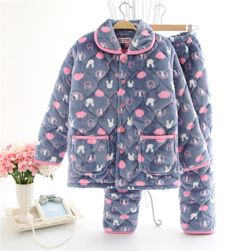 Bộ đồ ngủ nữ mùa đông dày ba lớp lông cừu san hô flannel dịch vụ nhà ấm áp phù hợp với mẹ kích thước lớn đồ pijama