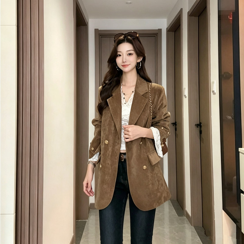 Retro Brown Chenille Blazer for Women 2026 Autumn and Winter New Style Loose Work Clothing Silhouette Right Shoulder Casual Suit