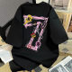 American round neck five-quarter sleeve T-shirt summer ins men's niche large size pink 7 print casual versatile sportswear
