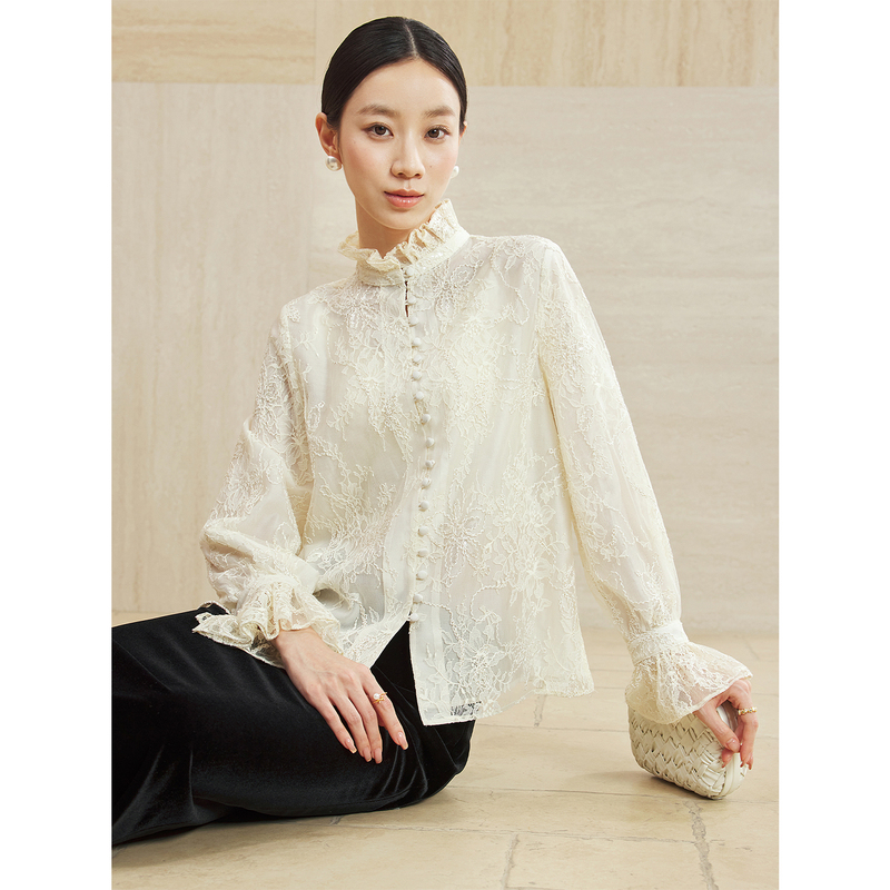 Jiaqi Ruixi Three-Dimensional Floral Embroidered Lace Tencel Lining Chinese-Style Elegant Versatile Ruffled Collar Shirt