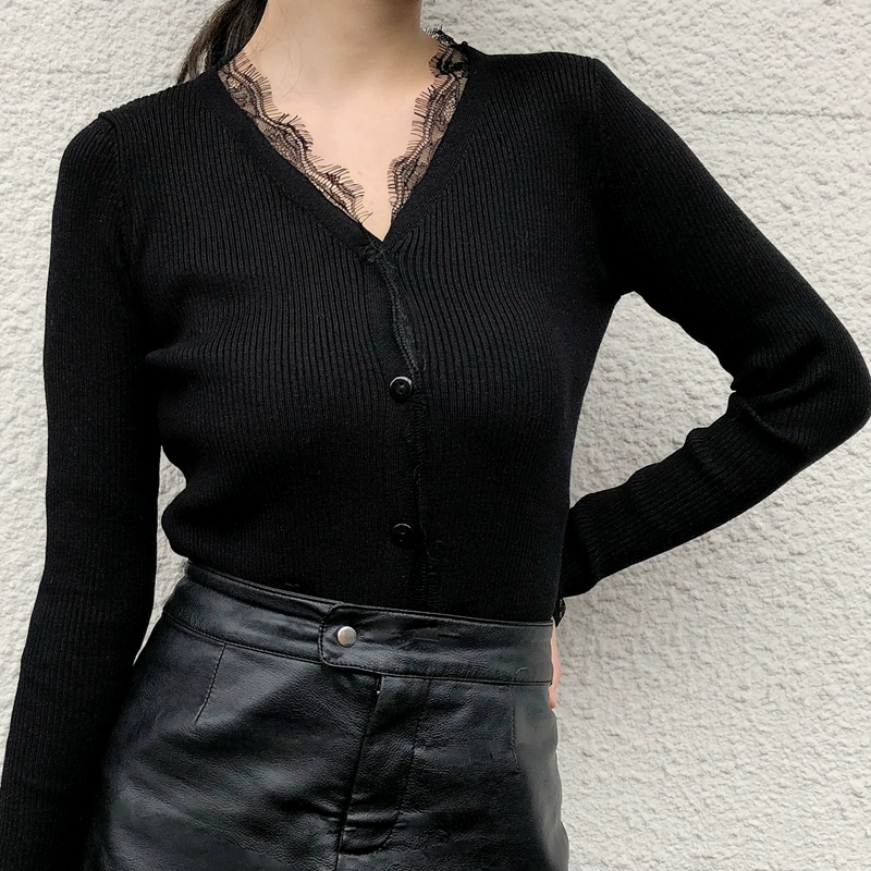 Áo len ren gợi cảm 2018 xuân hè sang trọng áo len ngắn cổ chữ V đen đan áo khoác chống nắng quần áo cardigan