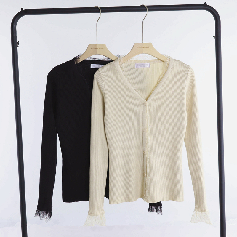 Áo len ren gợi cảm 2018 xuân hè sang trọng áo len ngắn cổ chữ V đen đan áo khoác chống nắng quần áo cardigan áo len cổ lọ