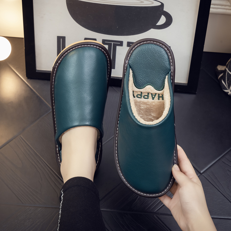 Autumn and Winter Leather Slippers for Couples, Wear-Resistant, Non-Slip, Warm, Genuine Leather Cotton Slippers, Thickened and Warm Autumn and Winter Leather Slippers for Couples, Wear-Resistant, Non-Slip, Warm, Genuine Leather Cotton Slippers, Thickened and Warm