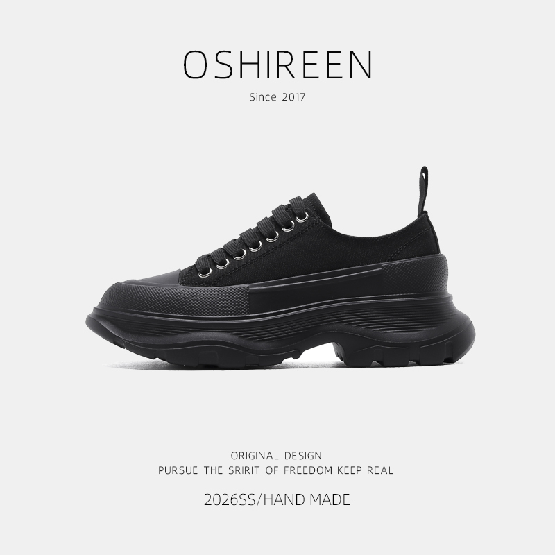 Di Xuan Mcqueen Black Platform Dad Shoes, Small Black Shoes, Canvas 2026 New Korean Style Fashion Street Casual Shoes for Women
