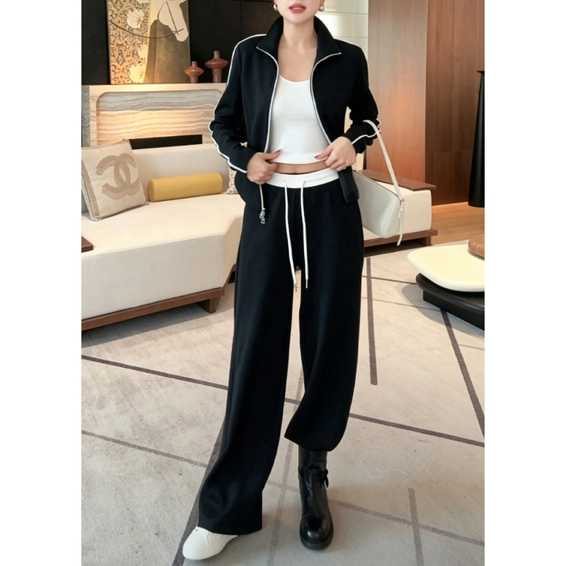 High-End Fashion Casual Sports Suit for Women 2026 Autumn Stylish Black Long-Sleeved Cardigan Jacket Wide-Leg Pants Two-Piece Set