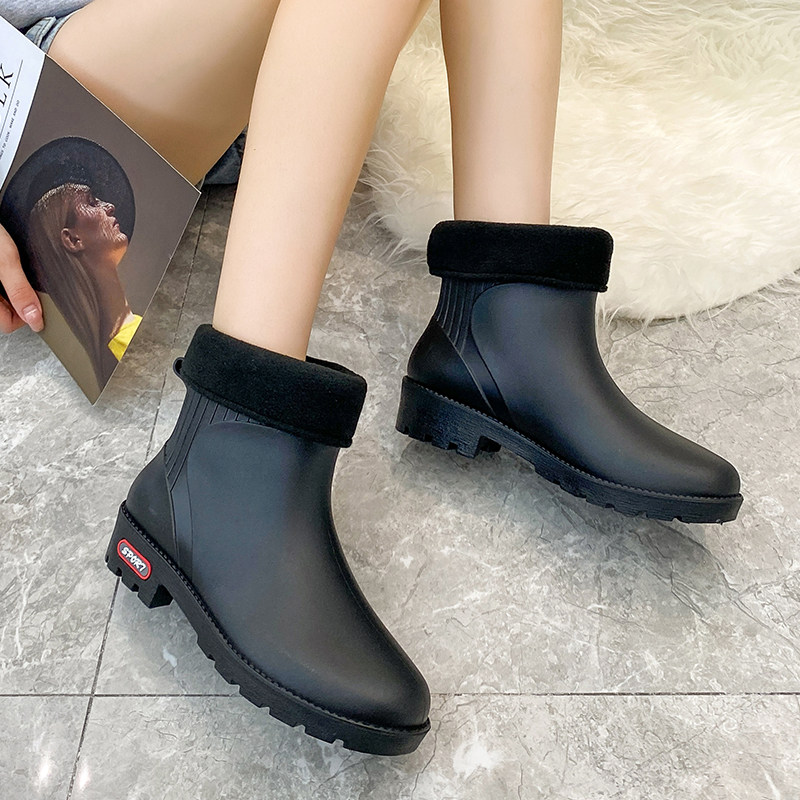 Lady Rain Shoes Plus Suede Thickened Short Drum Water Boots Winter Warm Cotton Boots Fashion Money Outside Wearing Rain Boots Non-slip Water Shoes
