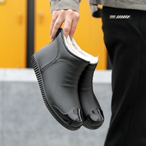 New Fashion Outwear Rain Shoes Waterproof Shoes Male Glint Integrated Rain Boots Short Barrel Kitchen Non-slip Thick Underwear Rubber Shoes
