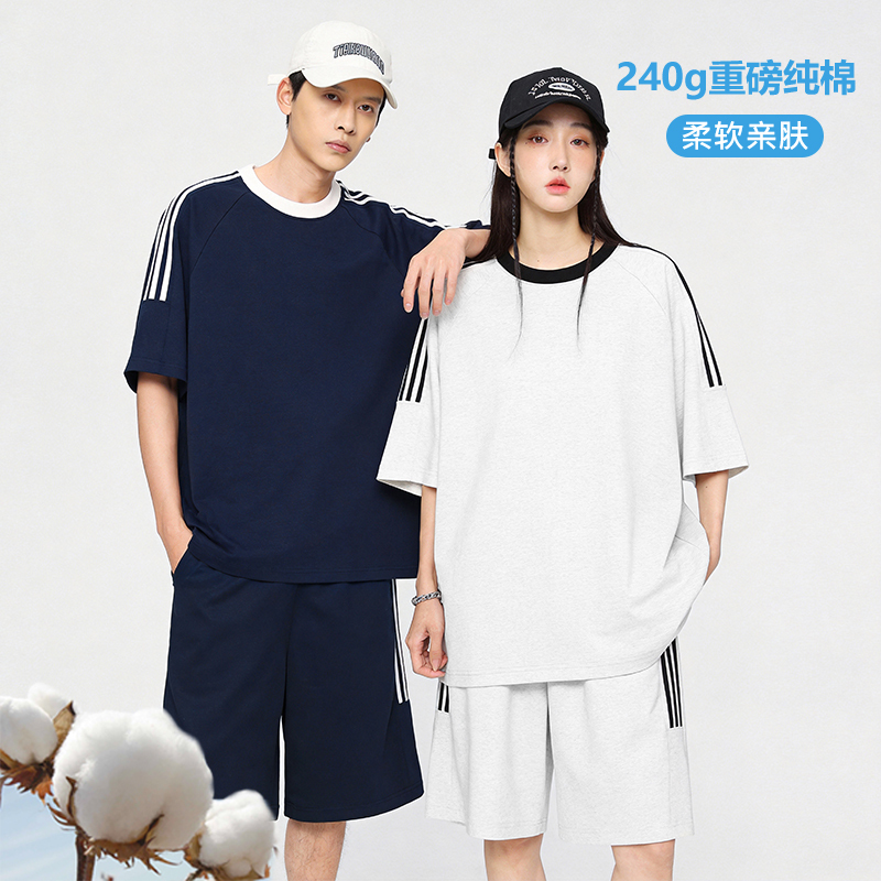 Pure Cotton Three-Stripe Sports Suit for Men and Women, Outdoor Sweat-Absorbent Running Summer Short-Sleeved Breathable Casual Couple Outfit Two-Piece Set