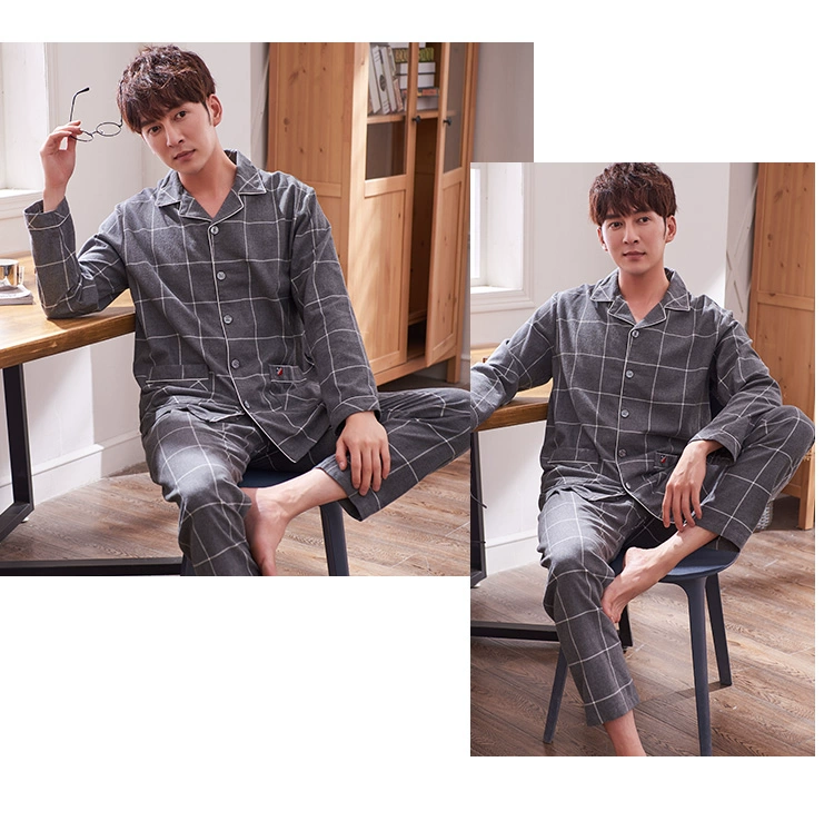 Bộ đồ ngủ nam dài tay cotton tinh khiết mùa xuân và mùa thu cardigan mỏng phần bông cha trung niên rộng rãi bộ đồ phục vụ tại nhà - Bộ Pajama