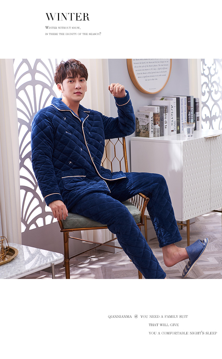 Đồ ngủ nam mùa đông nhung san hô nhung dày ba lớp cộng với nhung mùa thu và mùa đông mô hình ấm áp phù hợp với dịch vụ nhà flannel - Cha mẹ và con quần áo ngủ
