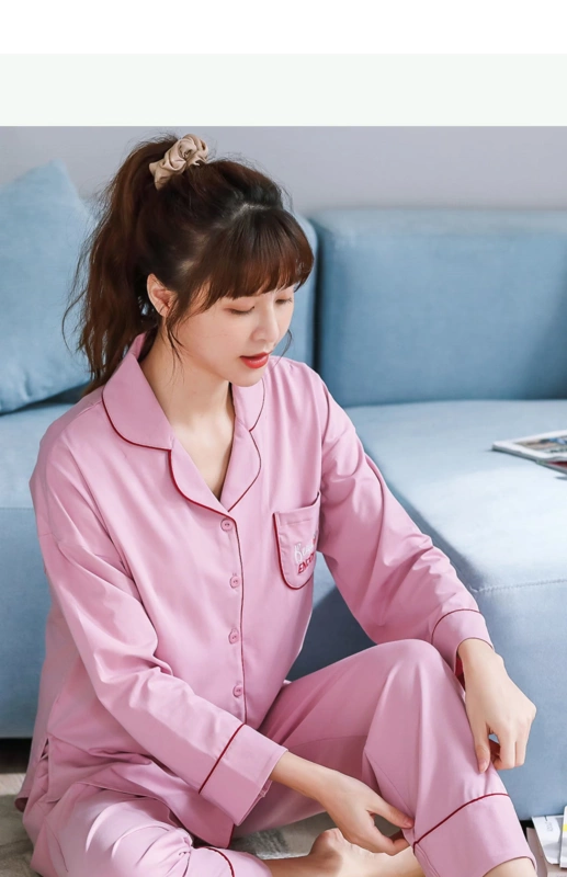 Bộ đồ ngủ cotton tinh khiết của phụ nữ dài tay mùa xuân và mùa thu mùa hè mỏng cardigan Hàn Quốc kích thước lớn phục vụ tại nhà phù hợp với hai mảnh - Cặp đôi