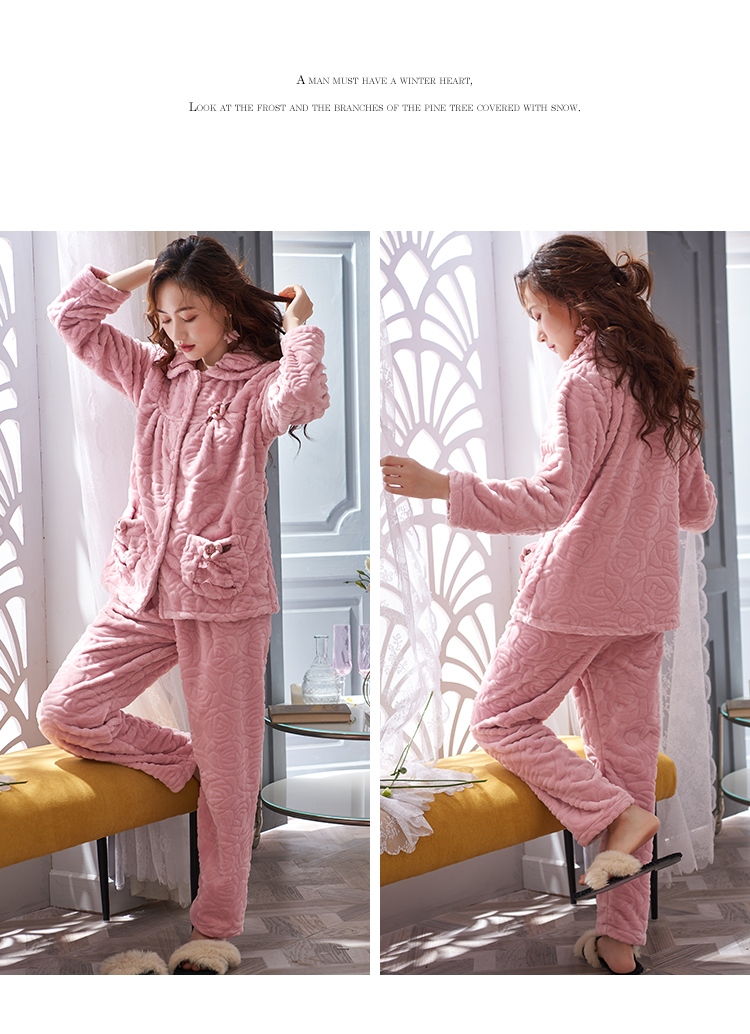 Đồ ngủ nhung nữ mùa đông dày cộng với nhung phù hợp với người mẫu mùa thu và mùa đông để giữ ấm cho mẹ trung niên flannel dịch vụ tại nhà - Cha mẹ và con đồ ngủ pijama